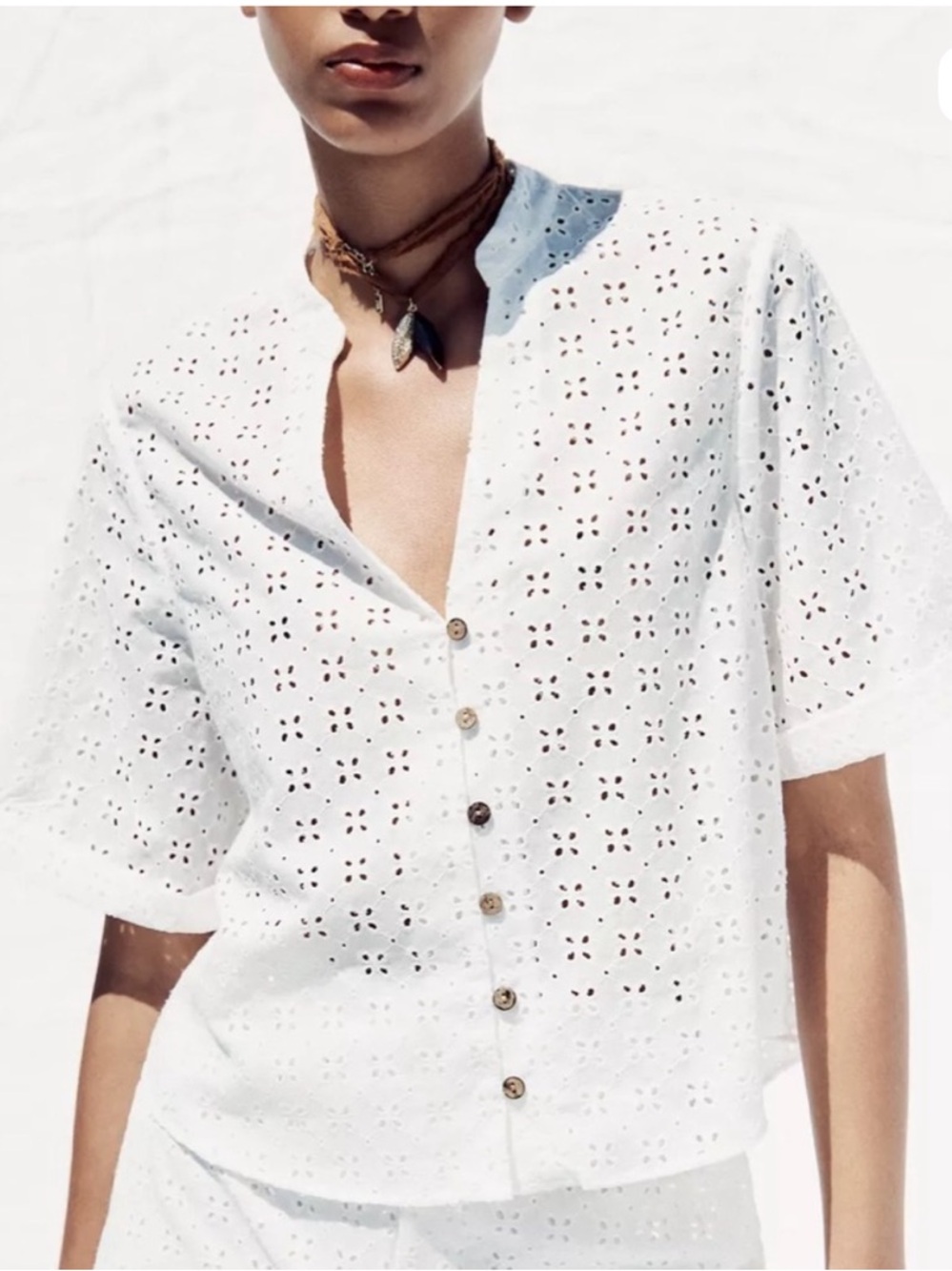 NWT Zara Short Sleeve White Eyelet Embroidered Button Down Shirt Size M - Picture 10 of 12